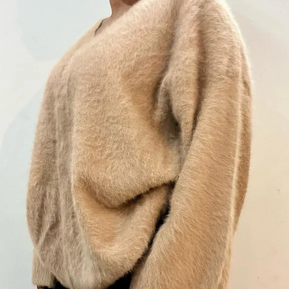 Beige Fuzzy Drop Shoulder Pullover - Picture 3 of 4